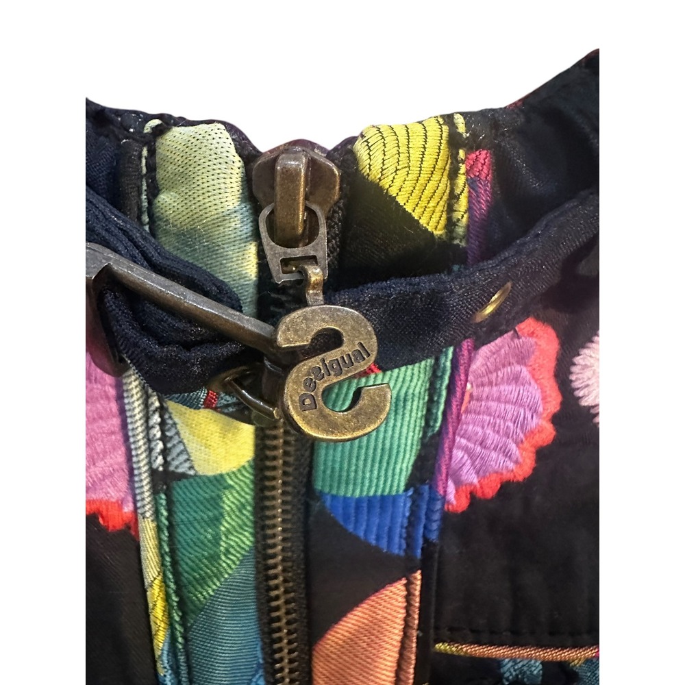 Desigual Jacket W. 40 Black Multi Color Floral Embroidered Moto Bomber Full Zip - Picture 6 of 13